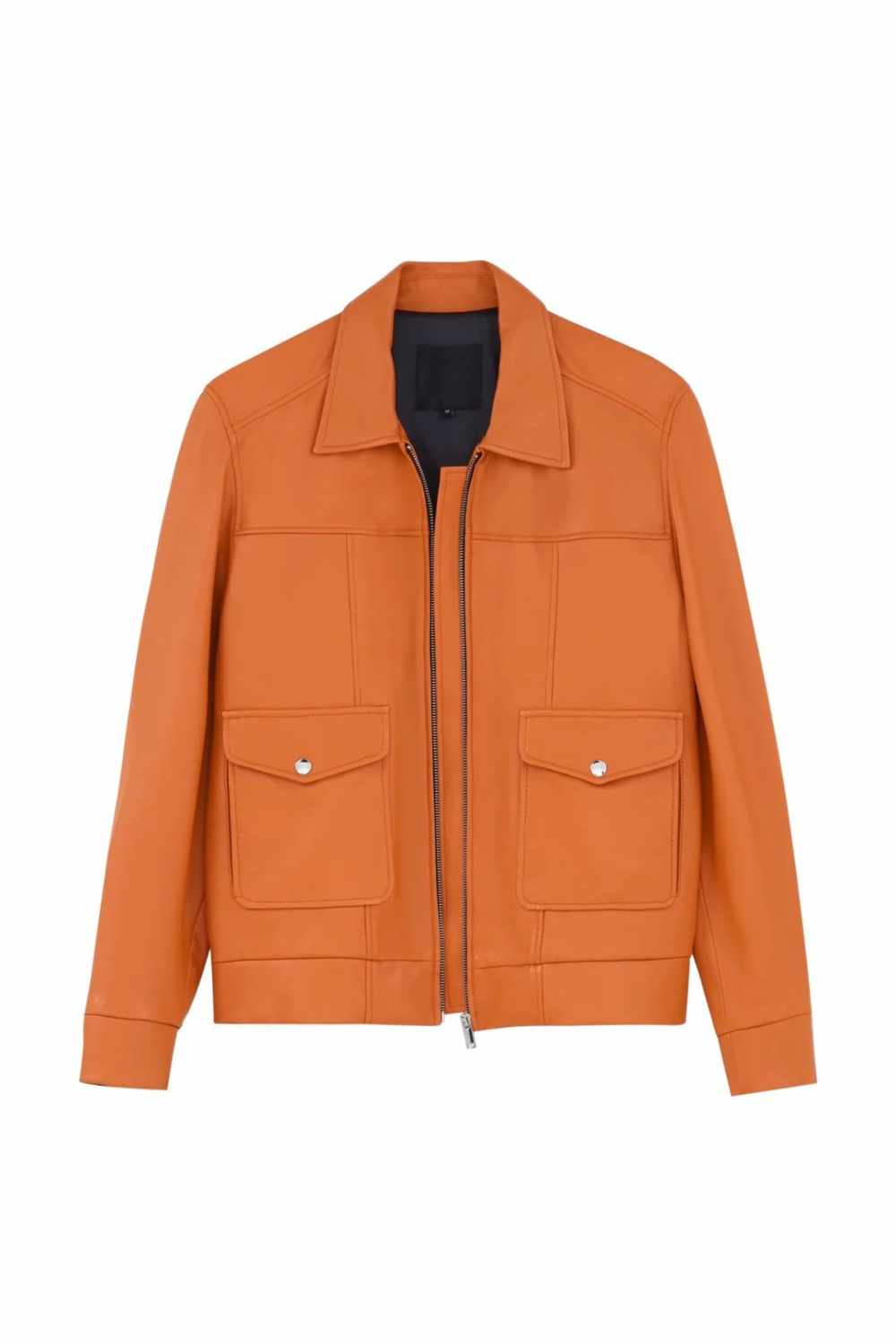 Designer men’s lambskin leather trucker jacket with flap chest pockets, and welt side pockets.
