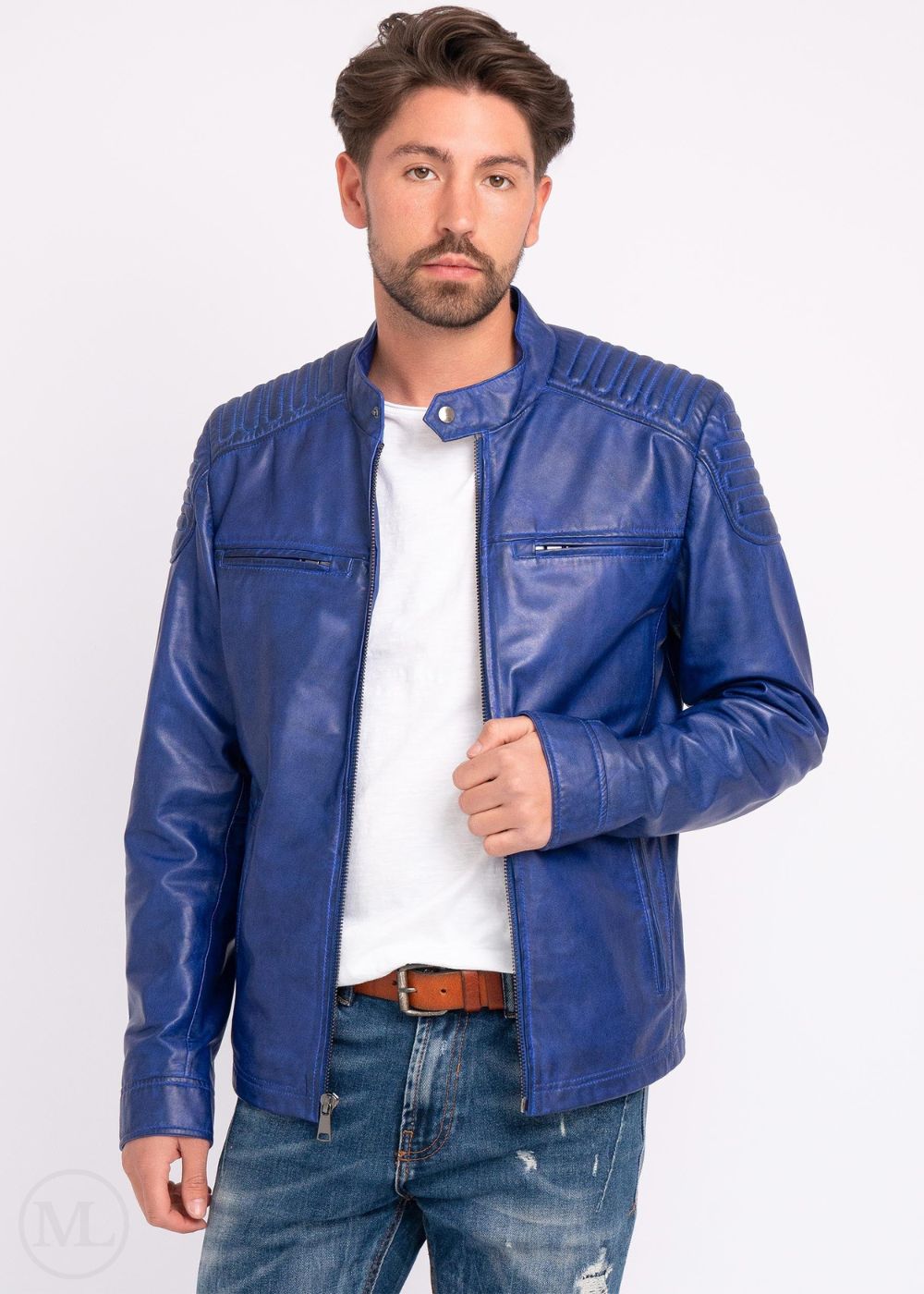 Man wearing a blue leather jacket on a white background